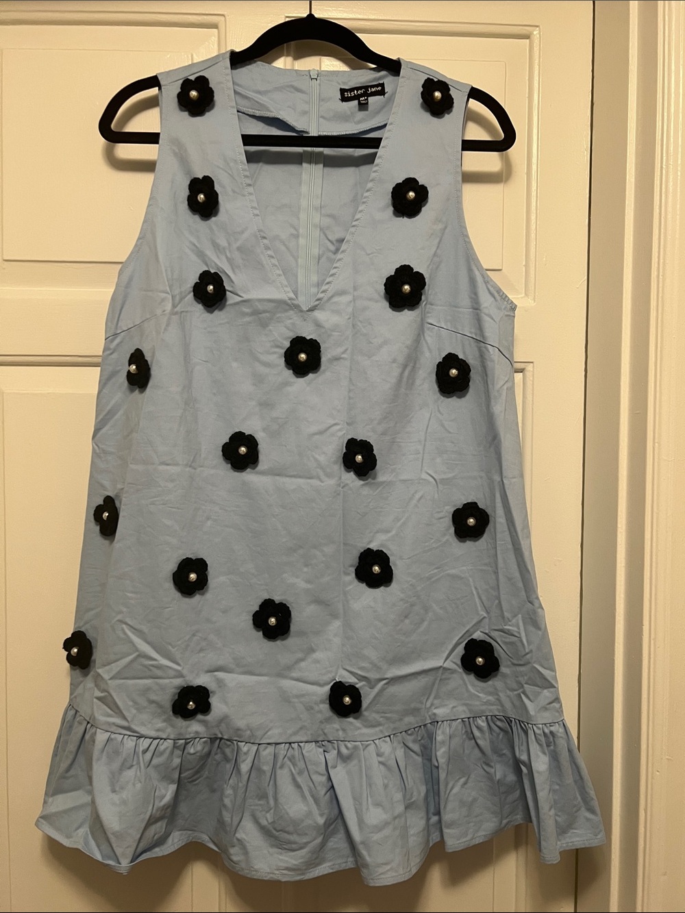 Sister Jane Light Blue Sleeveless Dress with Black Flower Appliqués